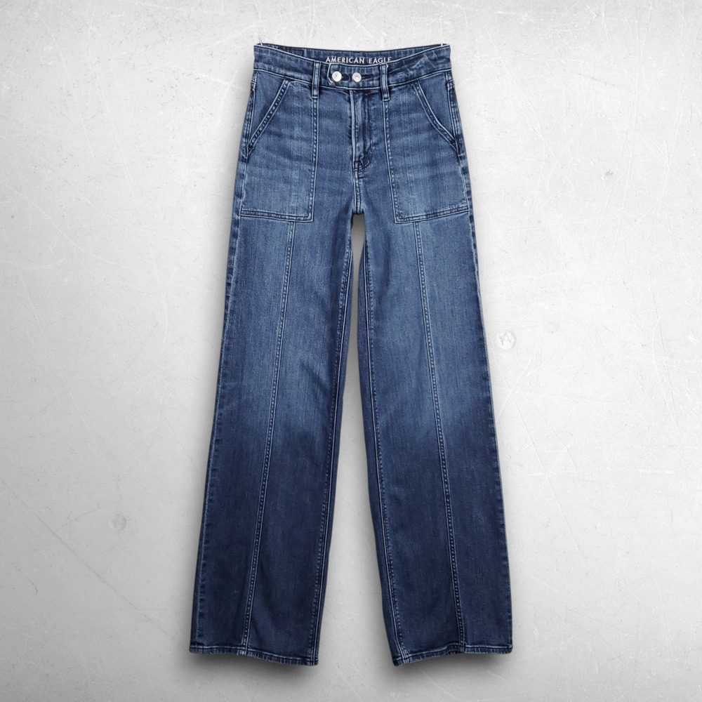 American Eagle Super High Rise Baggy Wide Leg Jeans Women 0 Long Blue Boho Retro